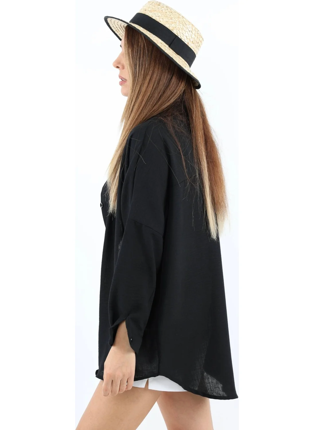ريتنيس Women's Linen Comfy Long Black Shirt