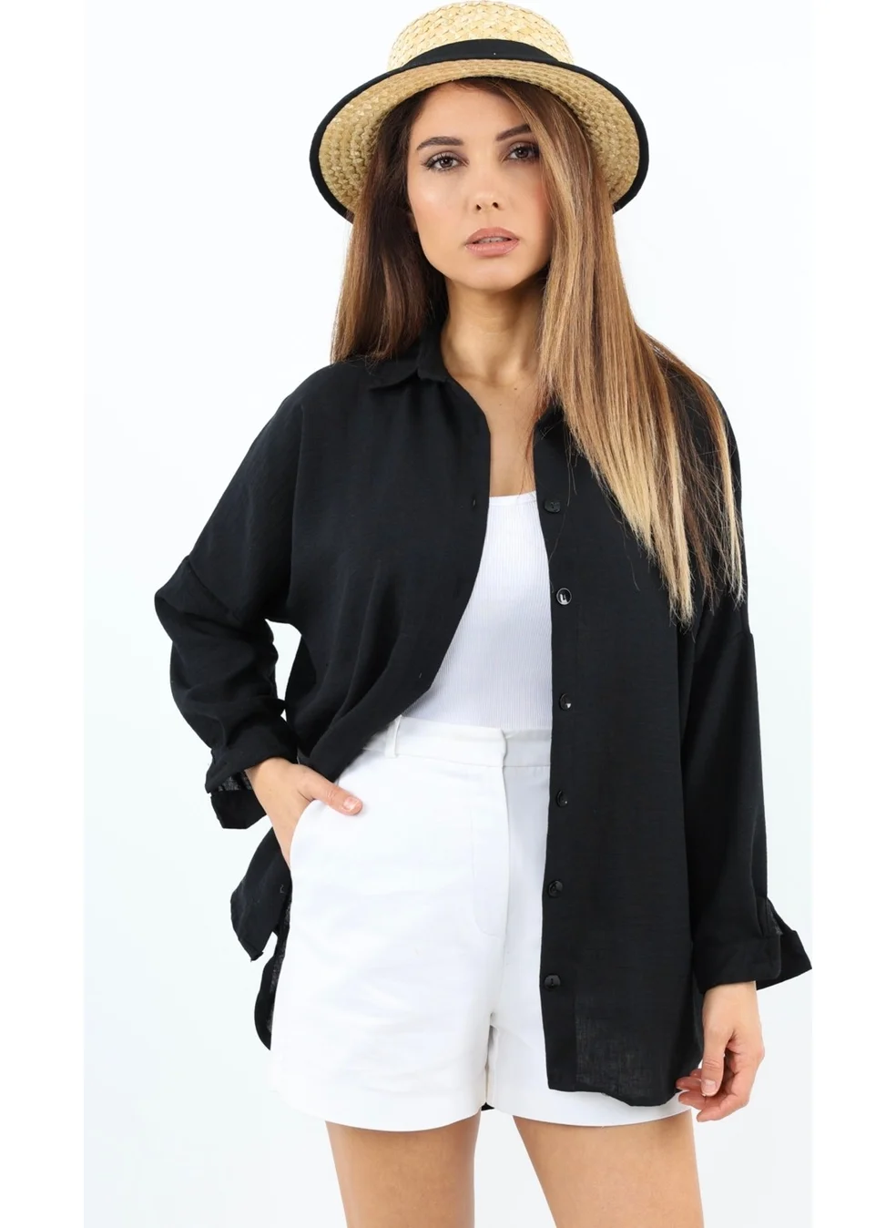 ريتنيس Women's Linen Comfy Long Black Shirt