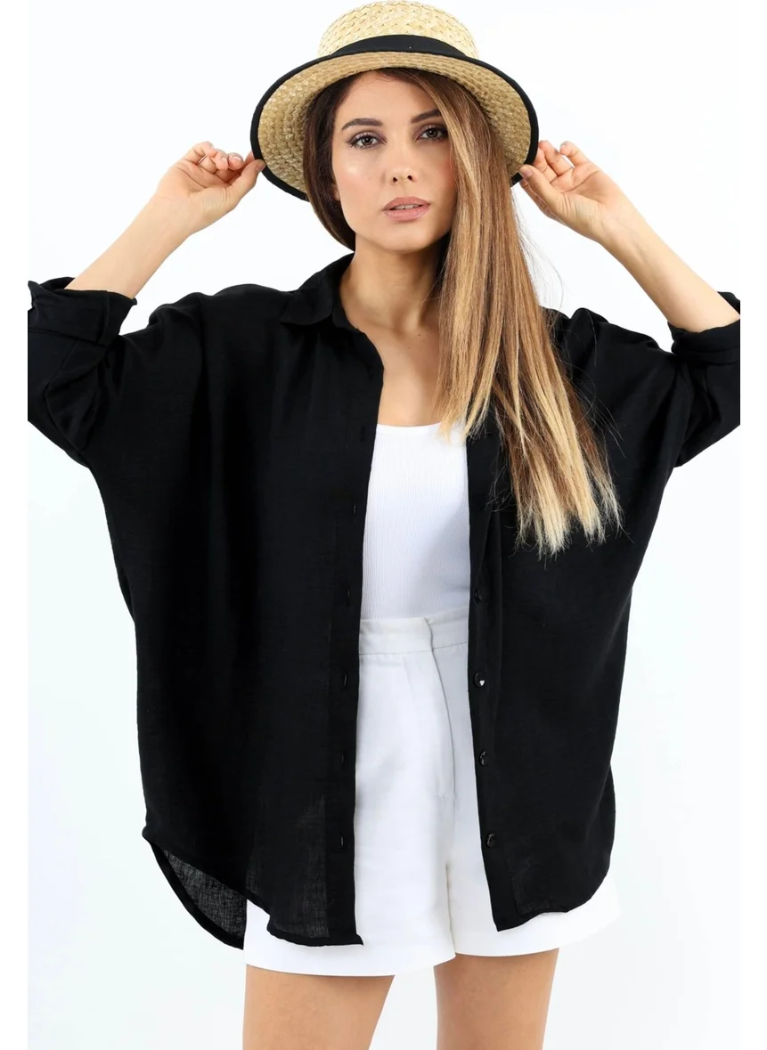 ريتنيس Women's Linen Comfy Long Black Shirt