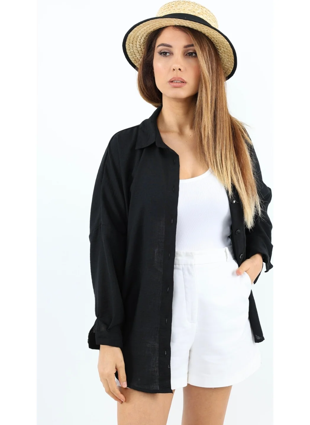 ريتنيس Women's Linen Comfy Long Black Shirt