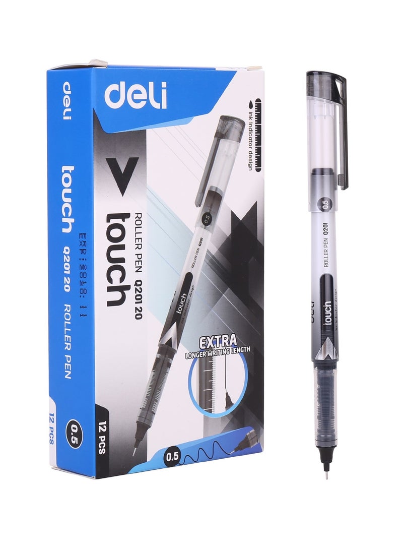 Deli 12-Piece Liquid Ink Rollerball Pen 0.5mm Tip Black Ink - Image 1
