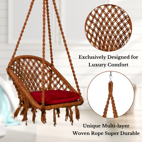 Patiofy Swing for Adults & Kids/Swing for Balcony/Swing Chair for Adults for Home/Cotton D Shape Wooden Swing/Jhula for Adults/Jhoola/Swing for Indoor/Includes Hanging Kit & Red Cushion (Brown) - Image 5