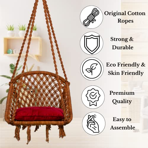Patiofy Swing for Adults & Kids/Swing for Balcony/Swing Chair for Adults for Home/Cotton D Shape Wooden Swing/Jhula for Adults/Jhoola/Swing for Indoor/Includes Hanging Kit & Red Cushion (Brown) - Image 4
