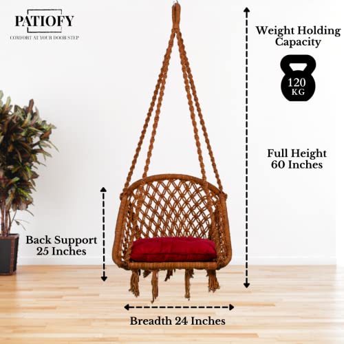 Patiofy Swing for Adults & Kids/Swing for Balcony/Swing Chair for Adults for Home/Cotton D Shape Wooden Swing/Jhula for Adults/Jhoola/Swing for Indoor/Includes Hanging Kit & Red Cushion (Brown) - Image 2