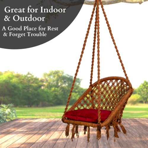 Patiofy Swing for Adults & Kids/Swing for Balcony/Swing Chair for Adults for Home/Cotton D Shape Wooden Swing/Jhula for Adults/Jhoola/Swing for Indoor/Includes Hanging Kit & Red Cushion (Brown) - Image 3