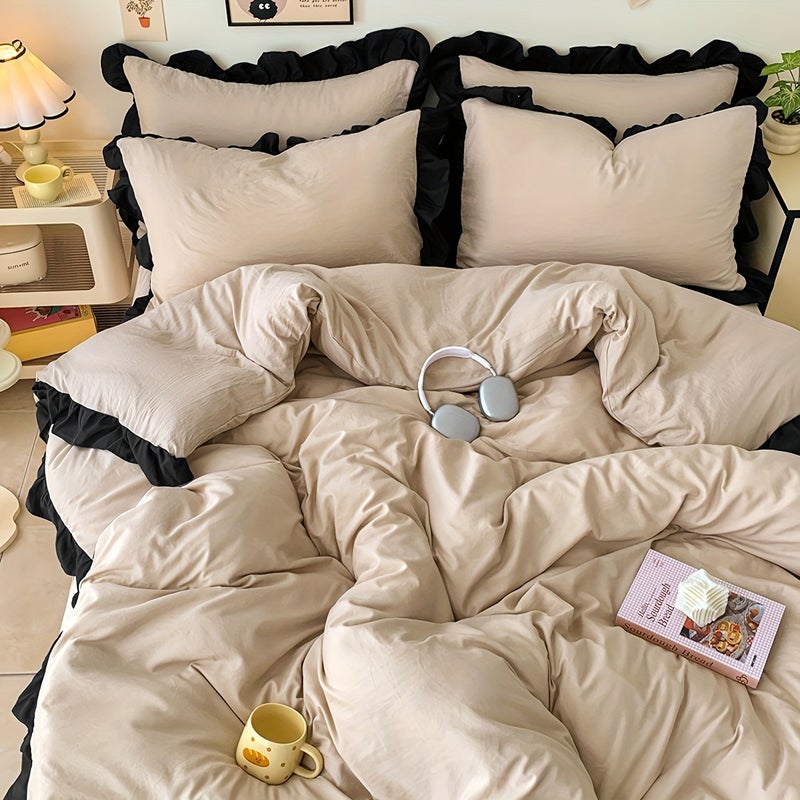 3pcs Khaki Brushed Duvet Cover Three-Piece Set (1*Duvet Cover, 2*Pillowcases) Skin-Friendly, Soft, Comfortable, Breathable, Delicate, And Sweat-Wicking, Girlish Lace Design, Machine Washable, Not Easy to Fade, Convenient Washing And Care - Image 3