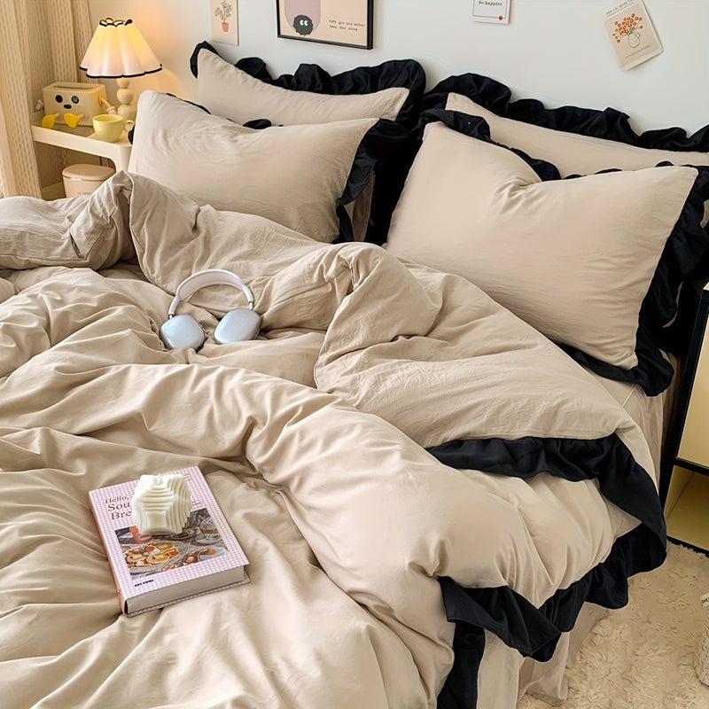3pcs Khaki Brushed Duvet Cover Three-Piece Set (1*Duvet Cover, 2*Pillowcases) Skin-Friendly, Soft, Comfortable, Breathable, Delicate, And Sweat-Wicking, Girlish Lace Design, Machine Washable, Not Easy to Fade, Convenient Washing And Care - Image 4