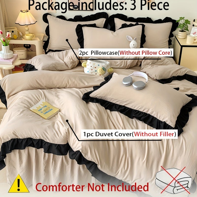 3pcs Khaki Brushed Duvet Cover Three-Piece Set (1*Duvet Cover, 2*Pillowcases) Skin-Friendly, Soft, Comfortable, Breathable, Delicate, And Sweat-Wicking, Girlish Lace Design, Machine Washable, Not Easy to Fade, Convenient Washing And Care - Image 5