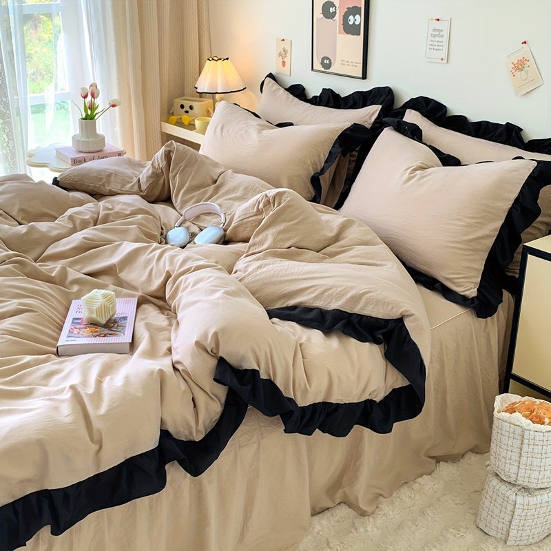 3pcs Khaki Brushed Duvet Cover Three-Piece Set (1*Duvet Cover, 2*Pillowcases) Skin-Friendly, Soft, Comfortable, Breathable, Delicate, And Sweat-Wicking, Girlish Lace Design, Machine Washable, Not Easy to Fade, Convenient Washing And Care - Image 2