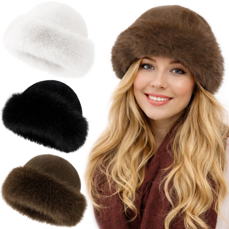 Wheebo 3 Pieces Womenâ€™s Faux Fur Bucket Hat Winter Warm Plush Furry Hat â€“ Soft Fluffy Cold Weather Hat for Outdoor Travel (Multicoloured) - Image 1