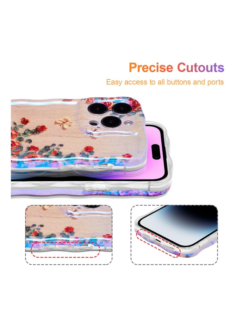 Zikra Oil Painting Case for iPhone 15 Pro Max, Colorful Retro Oil Painting Rose Flower Laser Beam Glossy Pattern Curly Wave Border Phone Cover Stylish Durable TPU Protective Case for Girls Women - Beige - Image 5