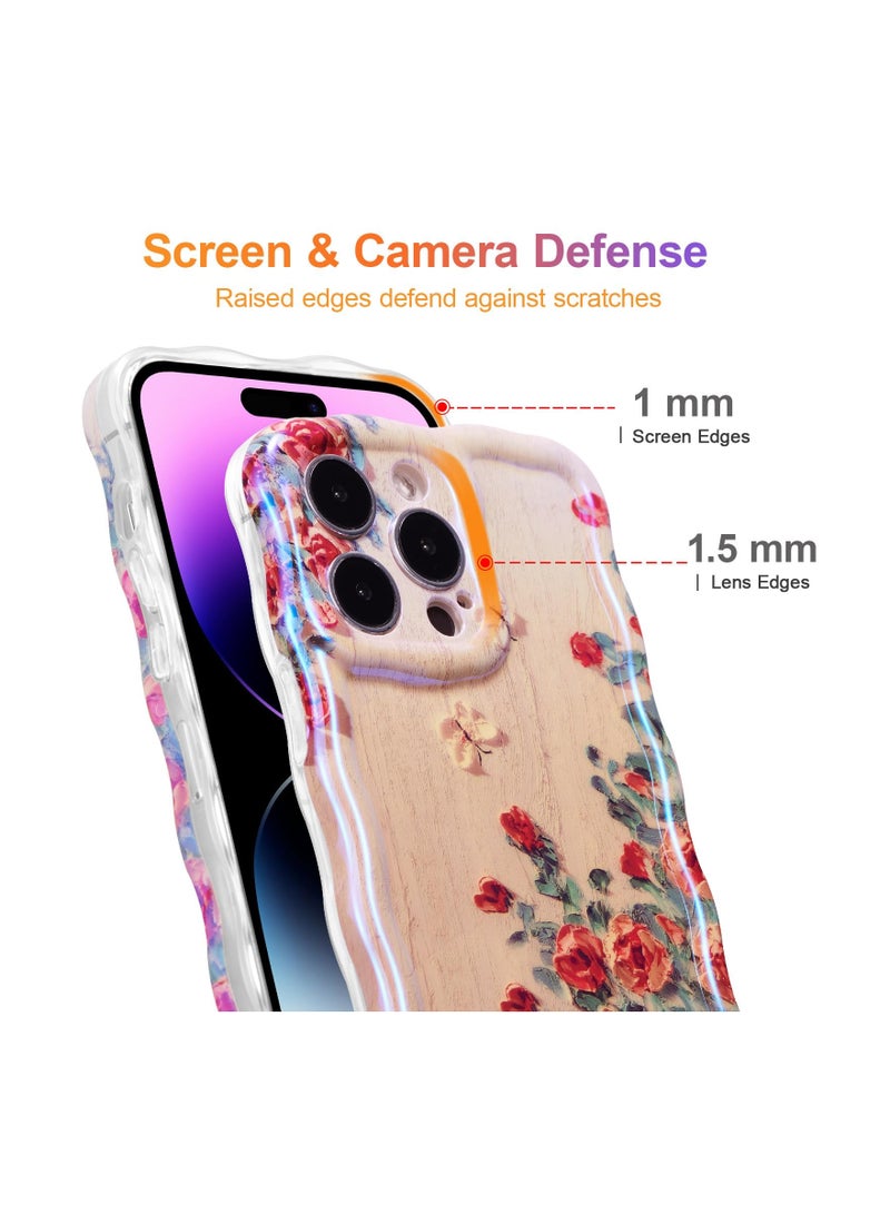 Zikra Oil Painting Case for iPhone 15 Pro Max, Colorful Retro Oil Painting Rose Flower Laser Beam Glossy Pattern Curly Wave Border Phone Cover Stylish Durable TPU Protective Case for Girls Women - Beige - Image 4