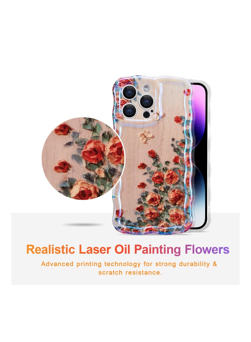 Zikra Oil Painting Case for iPhone 15 Pro Max, Colorful Retro Oil Painting Rose Flower Laser Beam Glossy Pattern Curly Wave Border Phone Cover Stylish Durable TPU Protective Case for Girls Women - Beige - Image 2