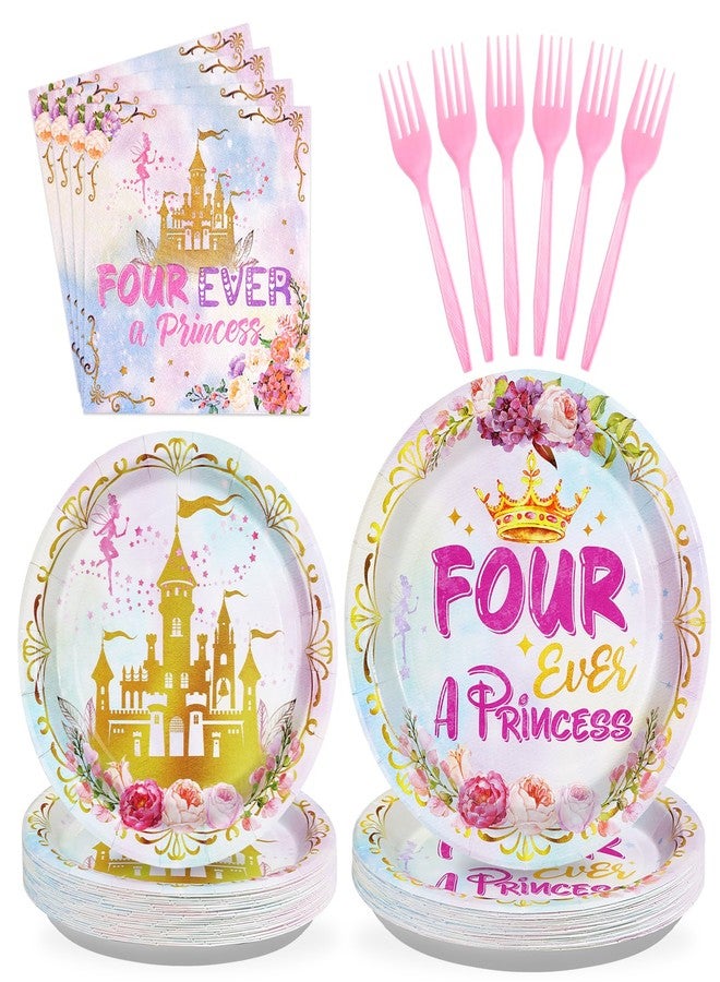 73Hours 96 Pcs Princess Birthday Party Supplies 350 GSM Four Ever a Princess Plates and Napkins Tableware Set Watercolor Pastel Rainbow Castle Party Decorations for Girl 4th Birthday Fairytale Party Serves 24 - Image 1