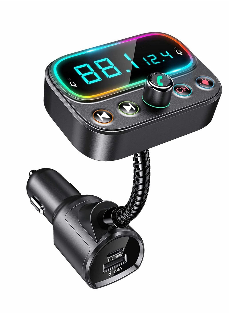 KASTWAVE Bluetooth 5.0 FM Transmitter for Car, USB C PD Bluetooth Car Adapter with Dual Mic 2.0" LCD Display 3 USB Ports 9 Color LED Backlit, Wireless Car Kit  - Image 1