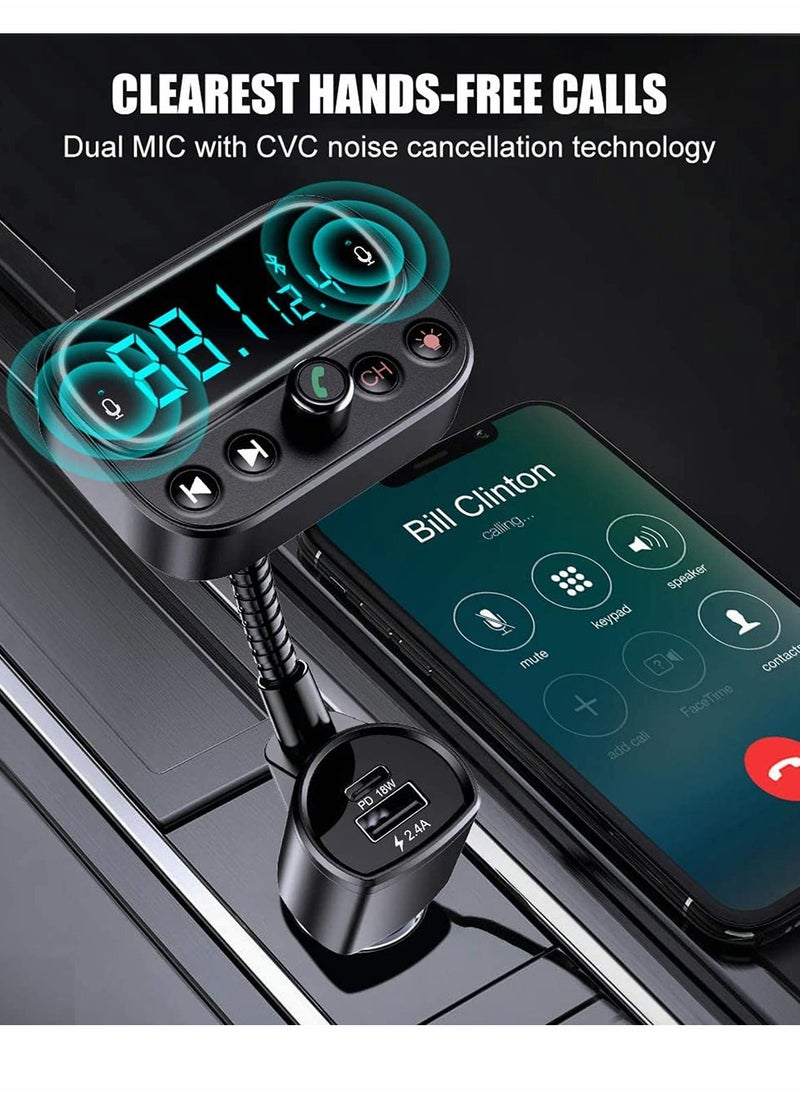 KASTWAVE Bluetooth 5.0 FM Transmitter for Car, USB C PD Bluetooth Car Adapter with Dual Mic 2.0" LCD Display 3 USB Ports 9 Color LED Backlit, Wireless Car Kit  - Image 5
