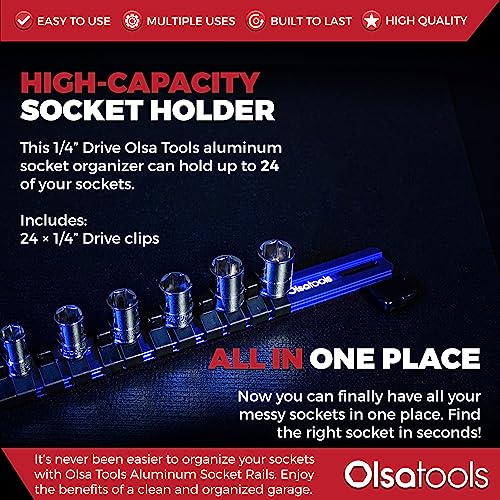 Olsa Tools Socket Organizer - 1/4-Inch Drive Socket Holder Rail - Black Aluminum Track Stores 24 Chrome or Impact Sockets - Professional Grade Metric or SAE Socket Organizer - Part: 1020 - Image 2