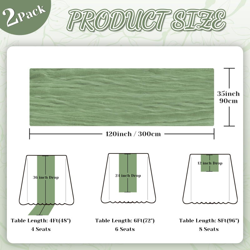 Jamestry 2 Pack Sage Green Cheesecloth Table Runner, 10Ft Boho Gauze Cheese Cloth Table Runners for Wedding, Party, Dinner, Baby Shower, 120 Inches Long Table Runner for St. Patrick's Day, Easter, Christmas - Image 4