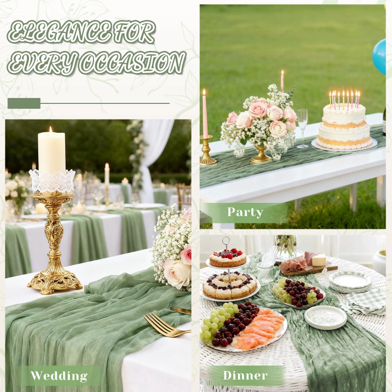 Jamestry 2 Pack Sage Green Cheesecloth Table Runner, 10Ft Boho Gauze Cheese Cloth Table Runners for Wedding, Party, Dinner, Baby Shower, 120 Inches Long Table Runner for St. Patrick's Day, Easter, Christmas - Image 2