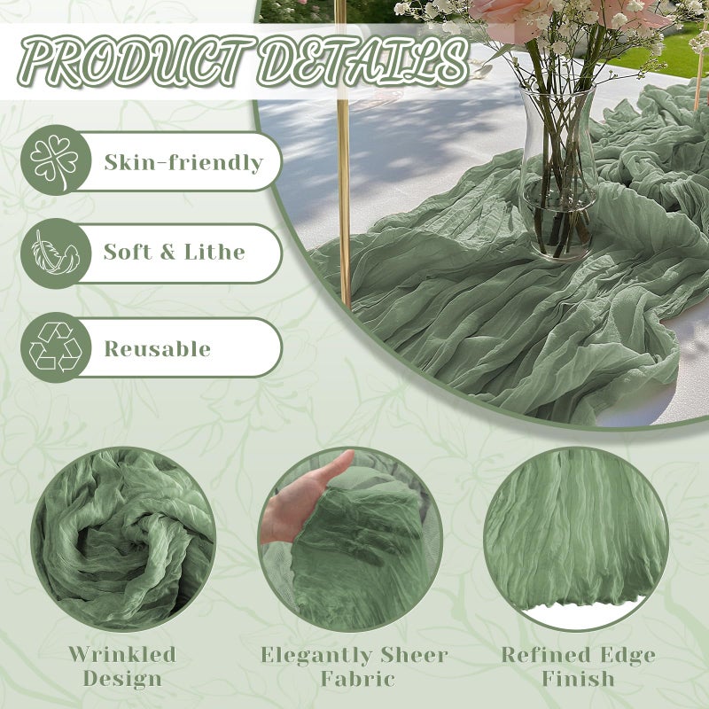 Jamestry 2 Pack Sage Green Cheesecloth Table Runner, 10Ft Boho Gauze Cheese Cloth Table Runners for Wedding, Party, Dinner, Baby Shower, 120 Inches Long Table Runner for St. Patrick's Day, Easter, Christmas - Image 3