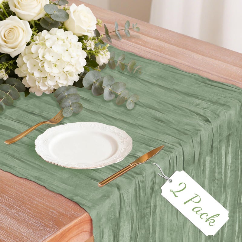 Jamestry 2 Pack Sage Green Cheesecloth Table Runner, 10Ft Boho Gauze Cheese Cloth Table Runners for Wedding, Party, Dinner, Baby Shower, 120 Inches Long Table Runner for St. Patrick's Day, Easter, Christmas - Image 1