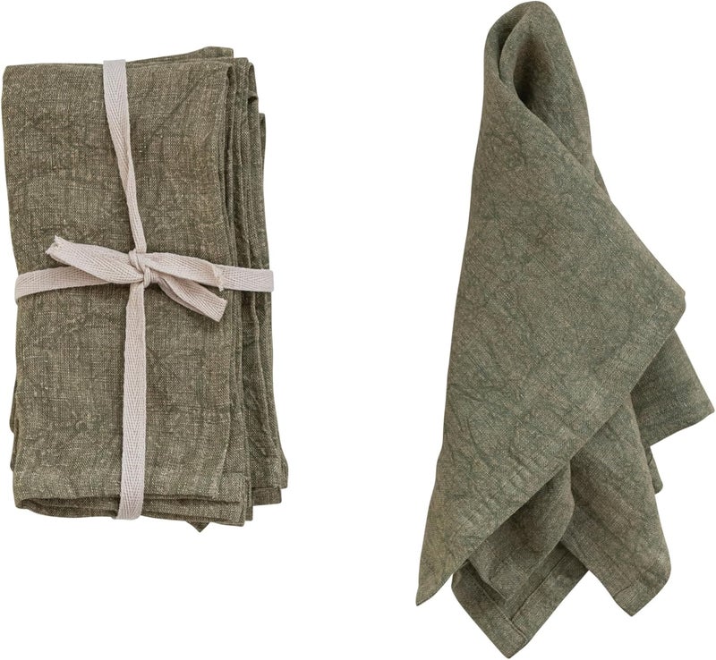 Creative CoOp 18 Inches Square Stonewashed Linen Dinner Kitchen Use Olive Color Set of 4 Napkin Green - Image 5