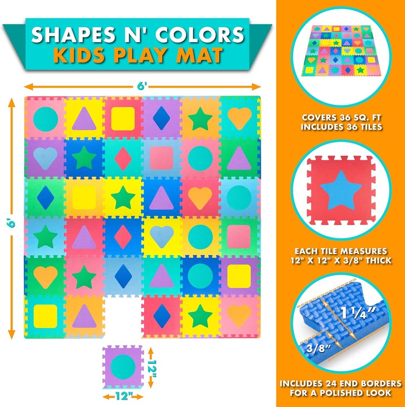 ProSource Kids Puzzle Alphabet & Numbers & Shapes Foam Play Mat 36 Tiles, 12"x12" and 24 Borders - Image 2