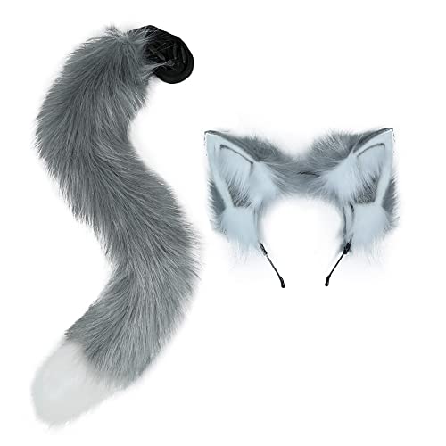 VIGVAN Animal Ears and Tail Cosplay Set - Wolf, Fox, Cat, Raccoon (Grey White) - Image 3