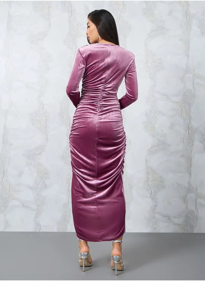 ستايلي Velvet Ruched Maxi Dress with V Neck