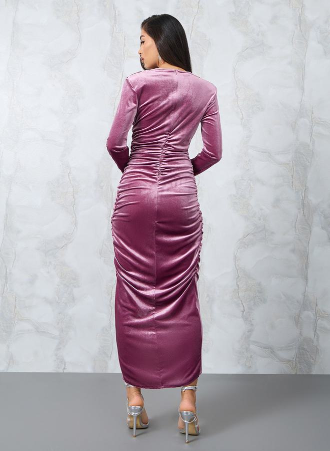 Styli Velvet Ruched Midi Dress  - Image 4
