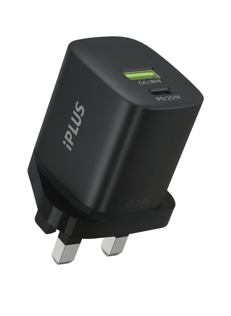 iPLUS GaN 38W Dual Port Fast Adapter Charger with USB-C PD & USB-A QC for Phones/Tablets