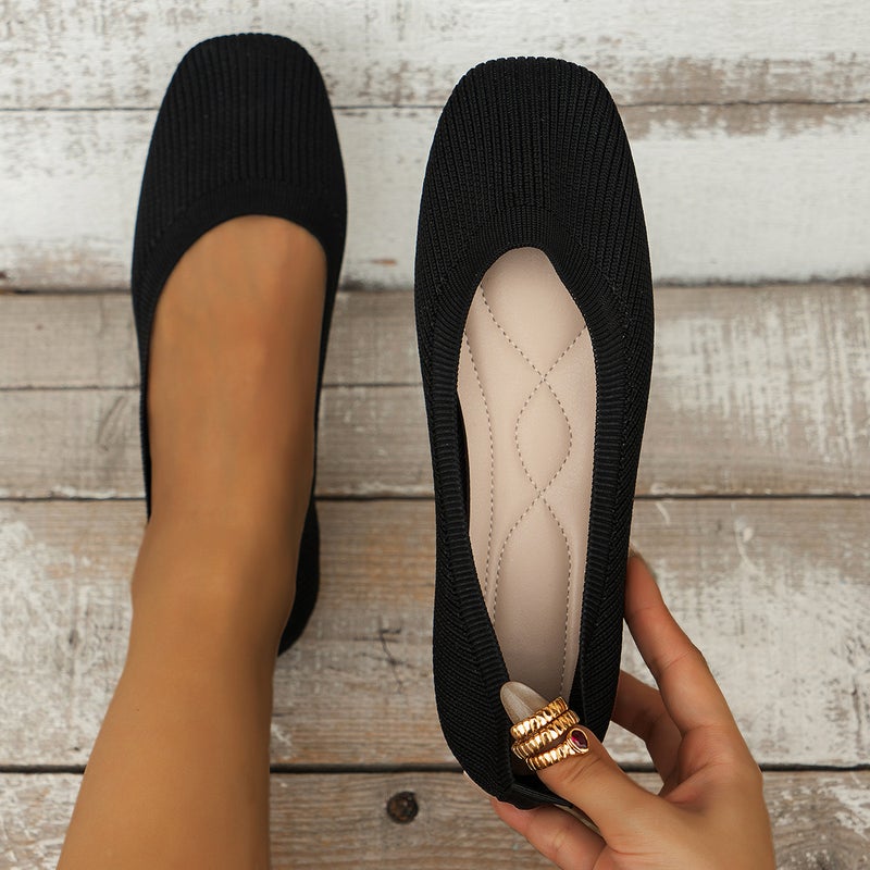 Korean Style Large Size Square Toe Flat Lazy Work Shoes For Women Fly Woven Breathable Shallow Mouth Soft Bottom Beans - Image 3