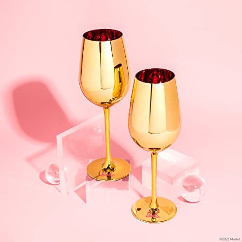 Dragon Glassware x Barbie Gold Wine Glasses - 17.5 oz Gold with Pink Stemmed Crystal Wine Glass Set of 2 - Dreamhouse Collection - As Seen in Barbie The Movie - Image 2