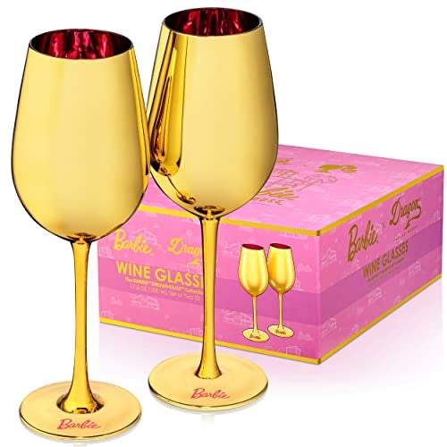 Dragon Glassware x Barbie Gold Wine Glasses - 17.5 oz Gold with Pink Stemmed Crystal Wine Glass Set of 2 - Dreamhouse Collection - As Seen in Barbie The Movie - Image 1