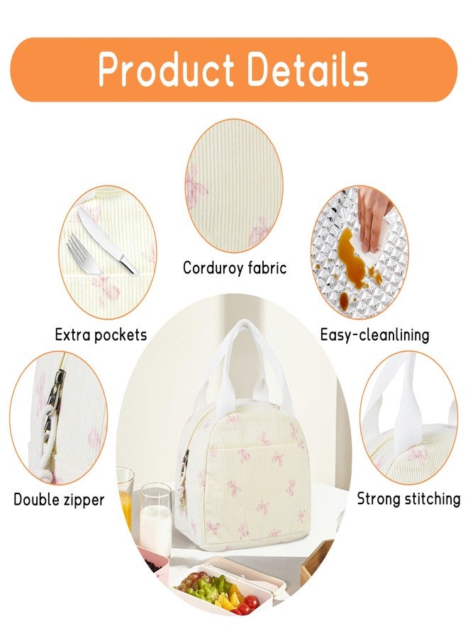 GISMTR Lunch Bag for Women Insulated Lunch Box Cute Corduroy Lunch Tote Bags Reusable Large Capacity Cooler Bag for Travel Work Picnic (pink bow) - Image 5
