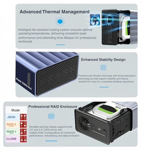 PiBOX India Dual 2 Bay 3.5/2.5 Inch SATA HDD SSD Aluminium Enclosure Dock - External RAID 0/1/JBOD/CLONE Storage with USB 3.1 Type-C, 6Gbps UASP, 56TB Capacity, Cooling Fan- REALTEK CHIPSET - Image 5