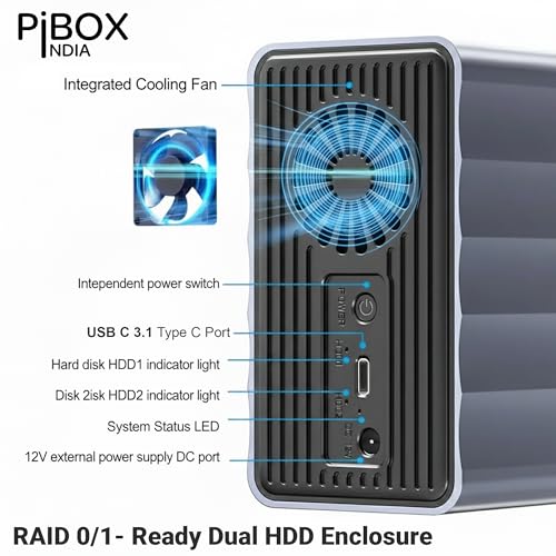 PiBOX India Dual 2 Bay 3.5/2.5 Inch SATA HDD SSD Aluminium Enclosure Dock - External RAID 0/1/JBOD/CLONE Storage with USB 3.1 Type-C, 6Gbps UASP, 56TB Capacity, Cooling Fan- REALTEK CHIPSET - Image 3