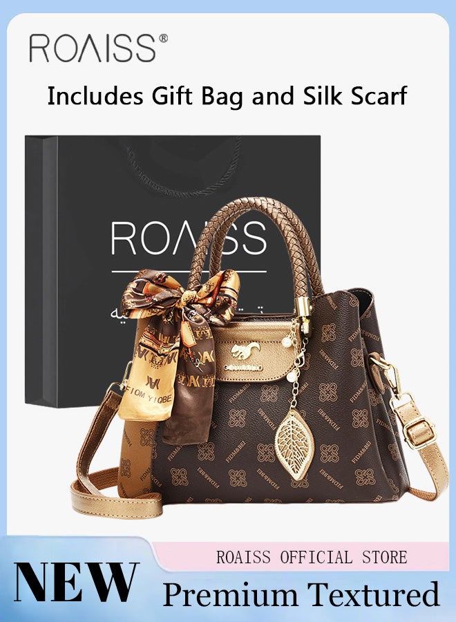 roaiss Classic Vintage Textured Handbag for Women with Silk Scarf and Gift Bag Trendy Large Capacity Shoulder Crossbody Bags in Luxury Print for Mother and Wife Suitable for Birthday Gift or Ramadan  - Image 1