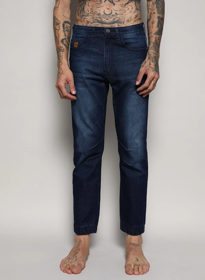 Campus Sutra Men's Blue Cinched Hem Denim Jeans For Casual Wear | Medium-Wash | Regular Fit | Drawstring Closure | Cotton Denim Jeans Crafted With Comfort Fit For Everyday Wear