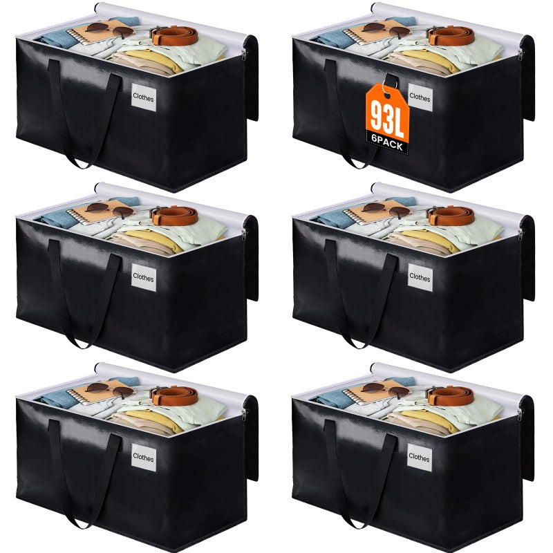 BlissTotes Collapsible Moving Bags - Heavy Duty Boxes with Zippers and Handles, Space Saving Packing Totes for Moving Supplies Storage (93L, 6-Pack, Black) - Image 1