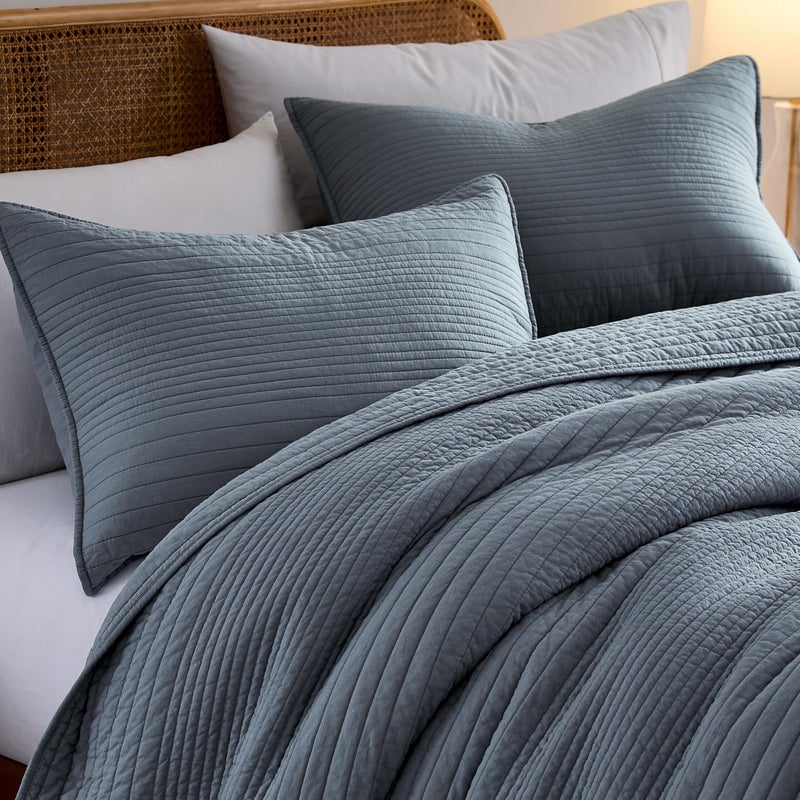 palassio Striped Blue Grey 100% Cotton Quilt King Size Bedding Sets, Lightweight Crinkly Channel Pick Stitch Textured Bedspread Soft Shabby Chic Farmhouse Country Coverlet for All Season, 2 Shams - Image 3