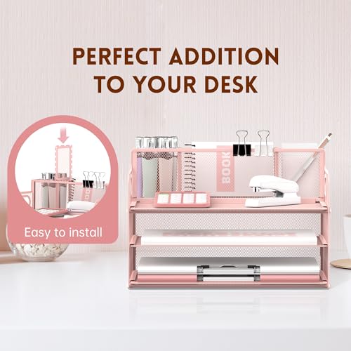 SUPEASY 3 Tier Desk Organizer with Handle & 3 Pen Holders, Mesh Paper/File Organizer for Desk, Paper Letter Tray Organizer for Office Supplies (Cute Pink) - Image 4
