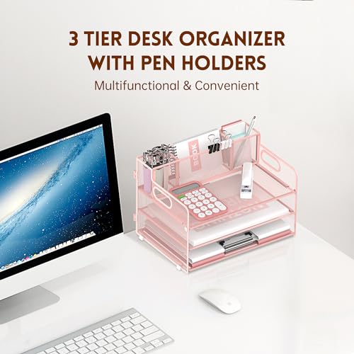 SUPEASY 3 Tier Desk Organizer with Handle & 3 Pen Holders, Mesh Paper/File Organizer for Desk, Paper Letter Tray Organizer for Office Supplies (Cute Pink) - Image 2