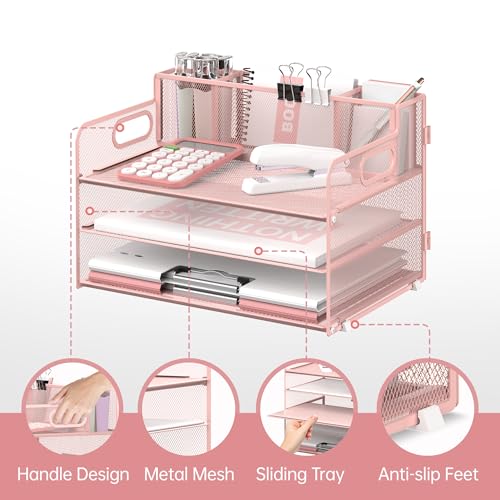 SUPEASY 3 Tier Desk Organizer with Handle & 3 Pen Holders, Mesh Paper/File Organizer for Desk, Paper Letter Tray Organizer for Office Supplies (Cute Pink) - Image 3