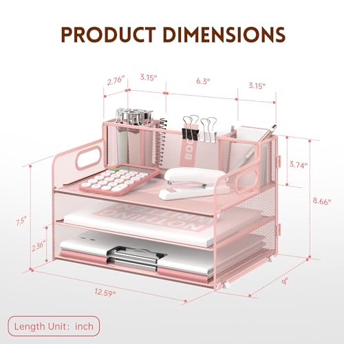SUPEASY 3 Tier Desk Organizer with Handle & 3 Pen Holders, Mesh Paper/File Organizer for Desk, Paper Letter Tray Organizer for Office Supplies (Cute Pink) - Image 5