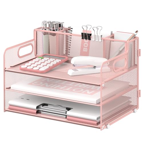 SUPEASY 3 Tier Desk Organizer with Handle & 3 Pen Holders, Mesh Paper/File Organizer for Desk, Paper Letter Tray Organizer for Office Supplies (Cute Pink) - Image 1