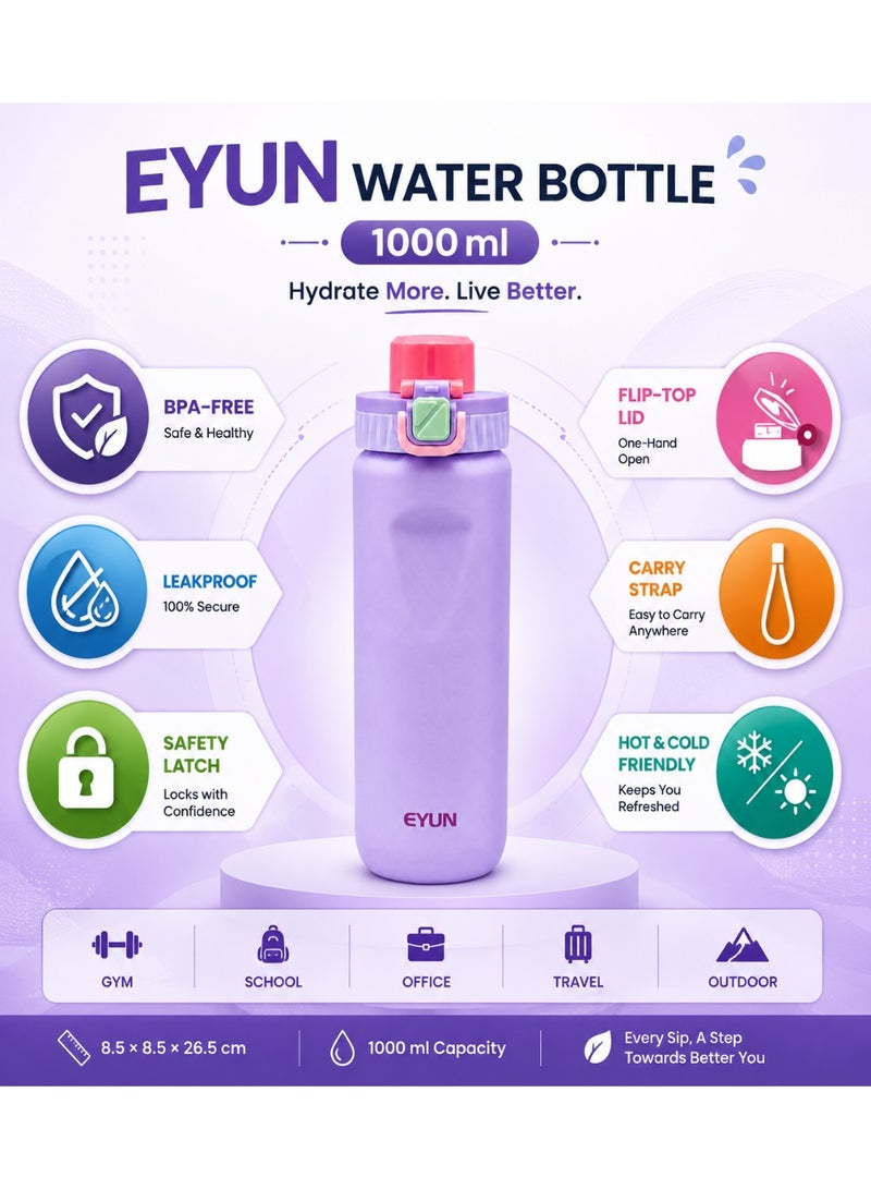 EYUN زجاجة مياه رياضية 1000 مل بلاستيك خالٍ من بي بي إيه مانعة للتسرب بغطاء قلاب وقفل أمان وحزام حمل للجيم والمدرسة والسفر (بنفسجي) - Image 5