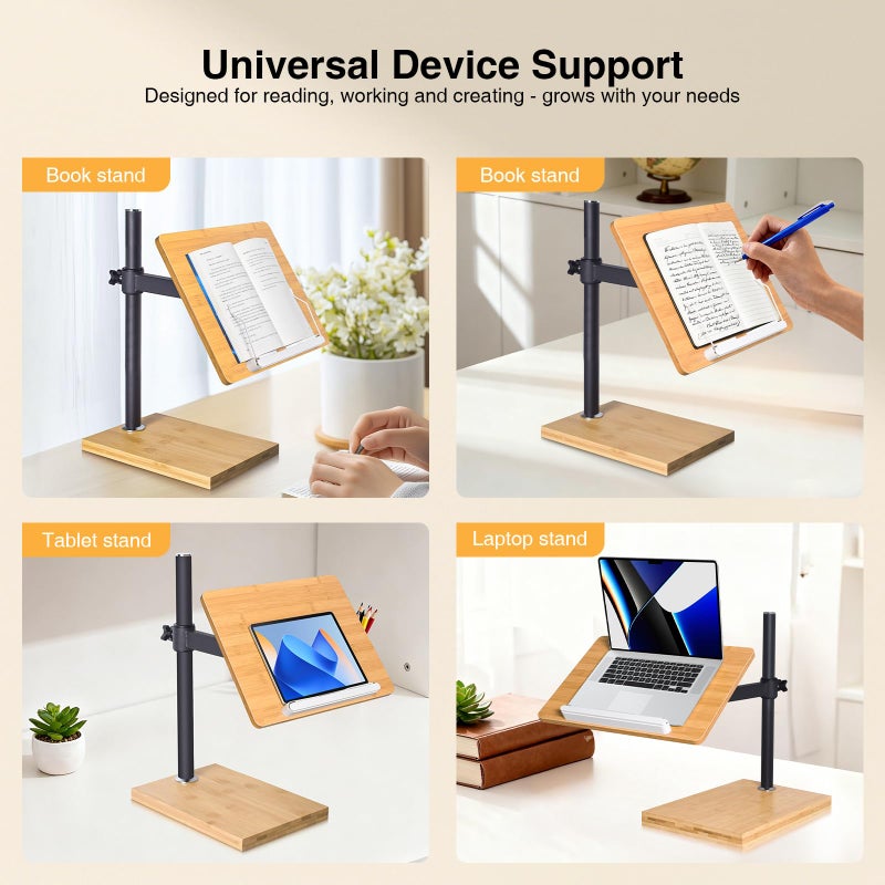 wishacc Book Stand Height Adjustable - Upright Bamboo Book Stand & Holder for Reading Hands Free, Desktop Adjustable Reading Height and Angle Book Rest with Page Clips - Image 2