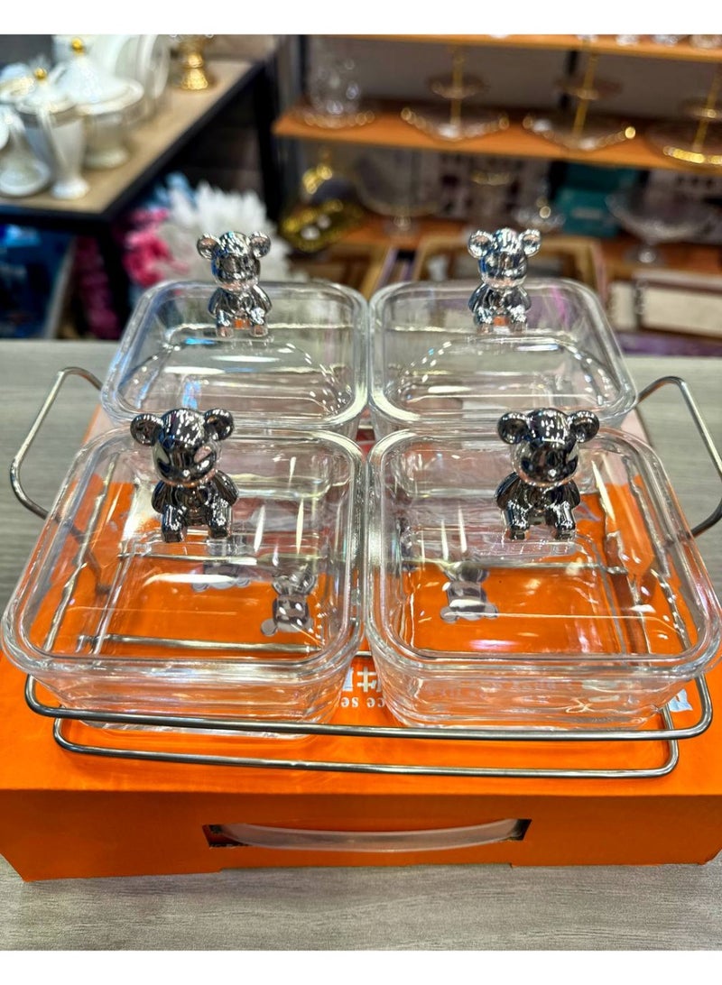 Glass candy set with tray A very chic divided snack and service set, made of glass with an acrylic cover, divided for snacks, crackers, nuts, dates, snacks, and candy. 4 pieces in a tray. - Image 1