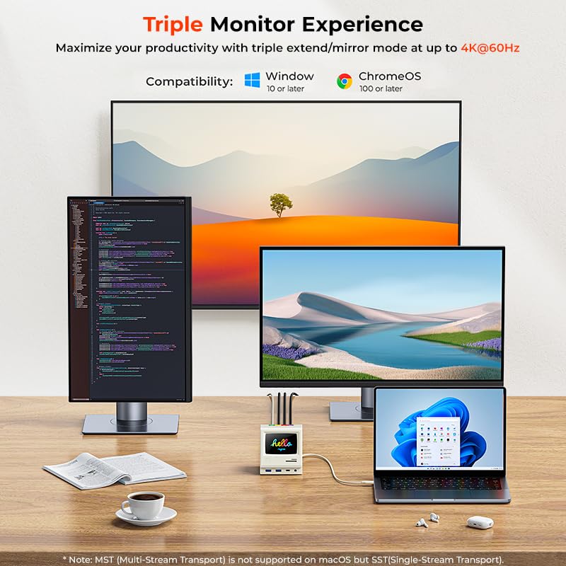 RayCue 128K SE Docking Station Triple Monitor, Digital Clock/Photo Frame,13-in-1 USBC Dock Triple 4K Display for MacBook Windows, 3 HDMI, USB C Data, Ethernet, Audio, 5 USBA Ports, 45W Power Adapter - Image 2